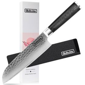 Qulajoy 7 Inch Santoku Knife- Ultra Sharp Japanese 67 Layers Damascus VG-10 Steel Core - Professional Hammered Chef Knife - Ergonomic G10 Handle With